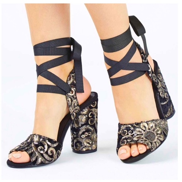 Topshop Rioja Lace Up Sequin Embroidered Heels - Picture 1 of 8